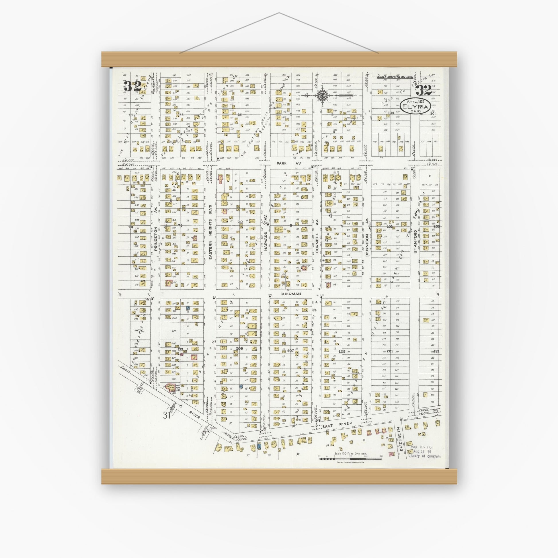 Old map wall art mockup — magnetic wood frame on white wall — Sanborn Fire Insurance Map from Elyria, Lorain County, Ohio (1925), Sheet #0032