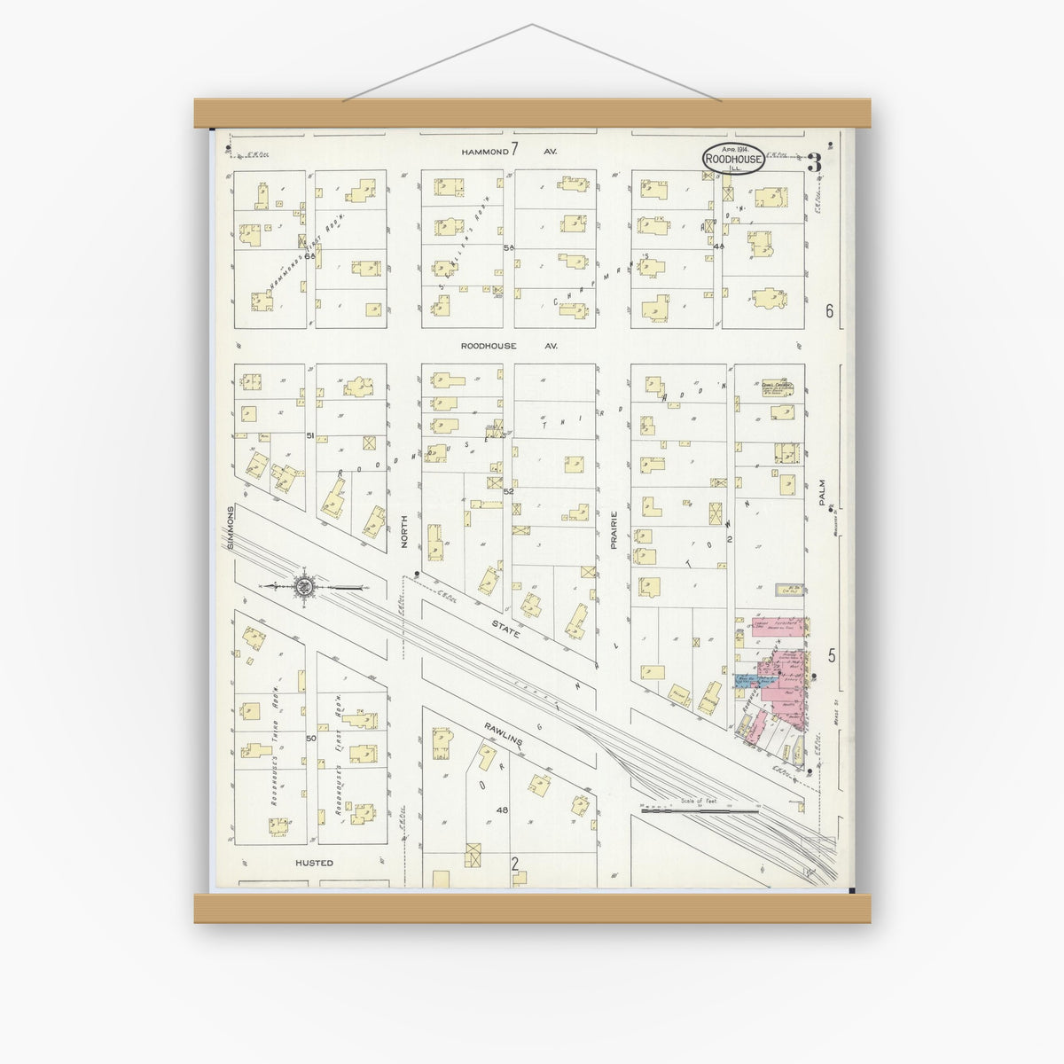 Old map wall art mockup — magnetic wood frame on white wall — Sanborn Fire Insurance Map from Roodhouse, Greene County, Illinois (1914), Sheet #0003