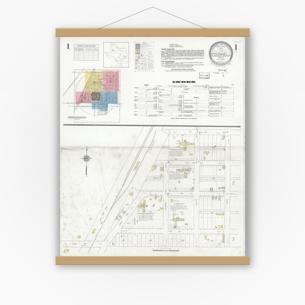 Old map wall art mockup — magnetic wood frame on white wall — Sanborn Fire Insurance Map from O'Donnell, Lynn And Dawson Counties, Texas (1935) - Complete Map Set