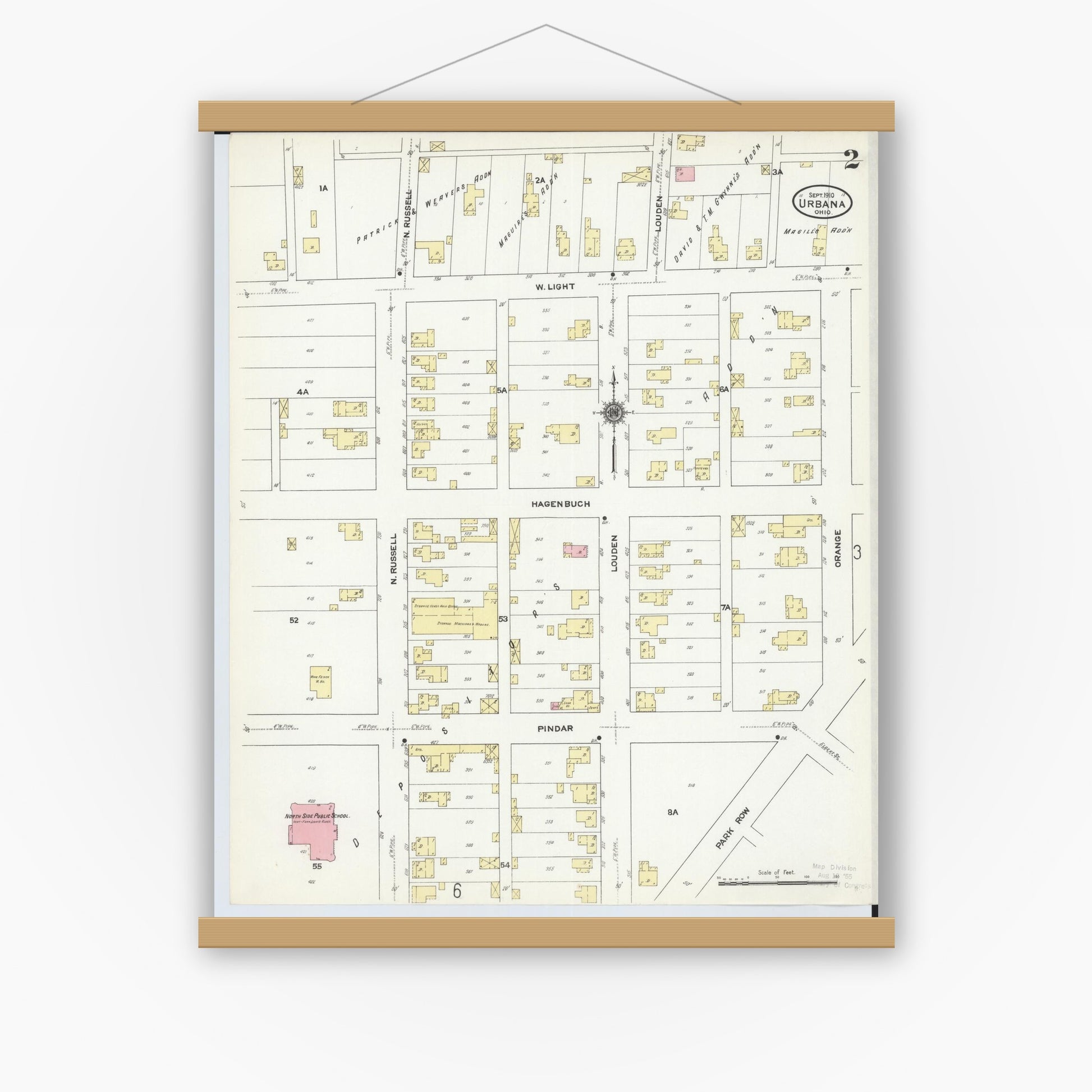 Old map wall art mockup — magnetic wood frame on white wall — Sanborn Fire Insurance Map from Urbana, Champaign County, Ohio (1910), Sheet #0002