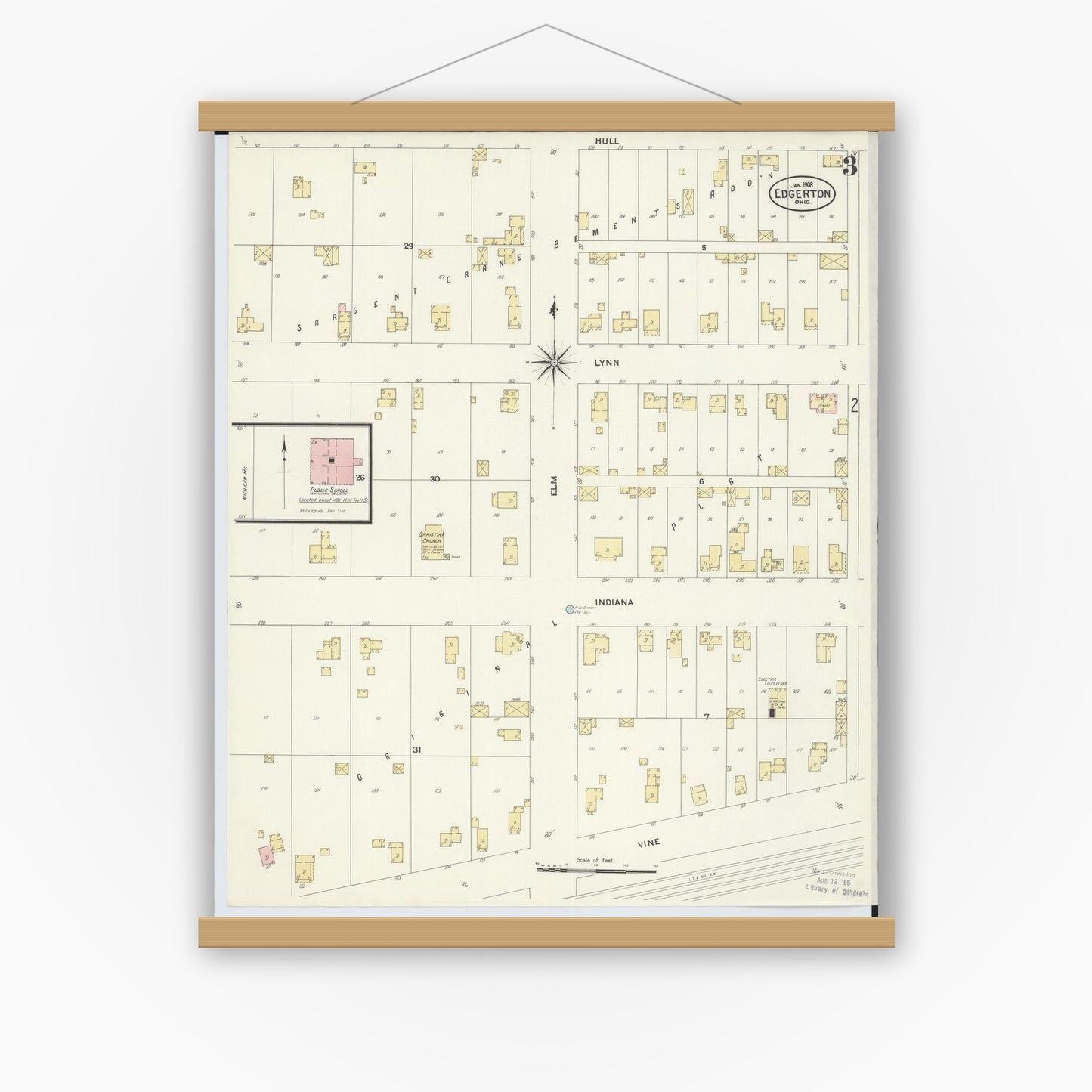 Old map wall art mockup — magnetic wood frame on white wall — Sanborn Fire Insurance Map from Edgerton, Williams County, Ohio (1908), Sheet #0003