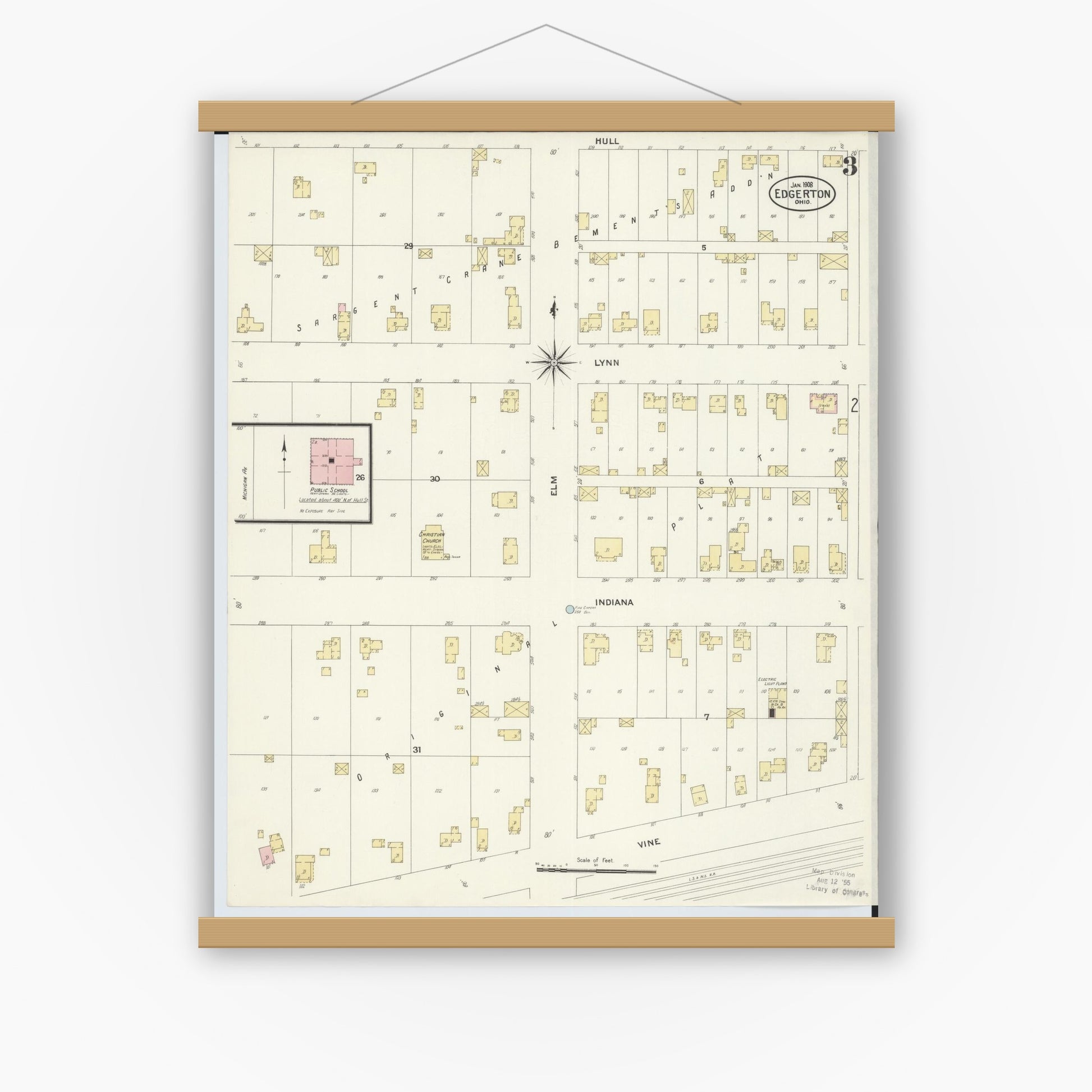 Old map wall art mockup — magnetic wood frame on white wall — Sanborn Fire Insurance Map from Edgerton, Williams County, Ohio (1908), Sheet #0003