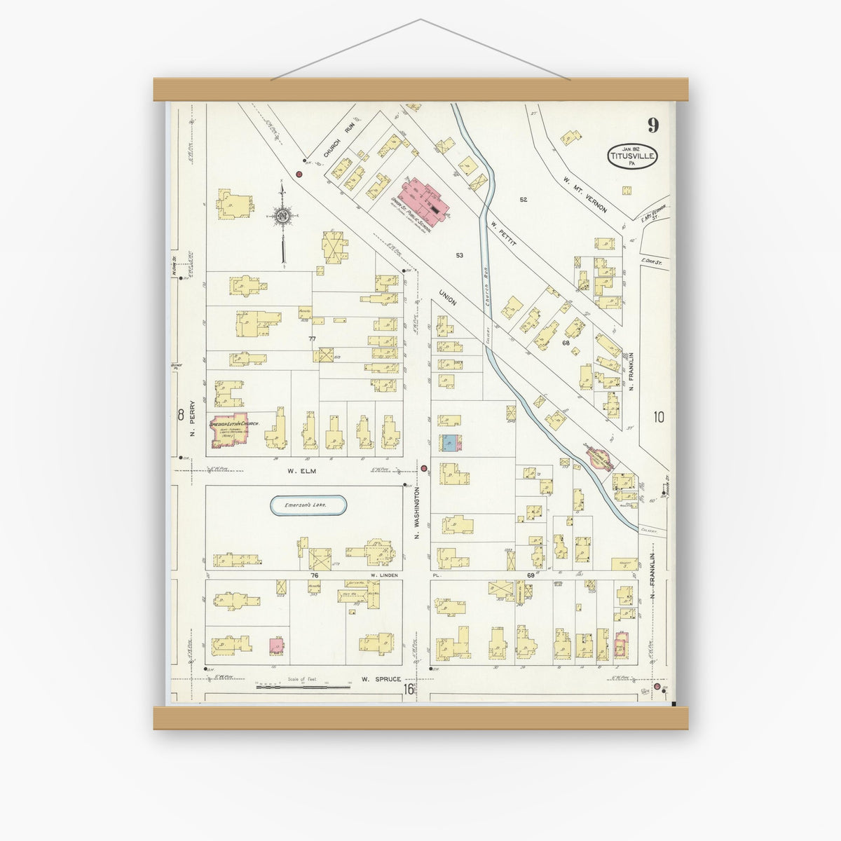 Old map wall art mockup — magnetic wood frame on white wall — Sanborn Fire Insurance Map from Titusville, Crawford County, Pennsylvania (1912), Sheet #0009