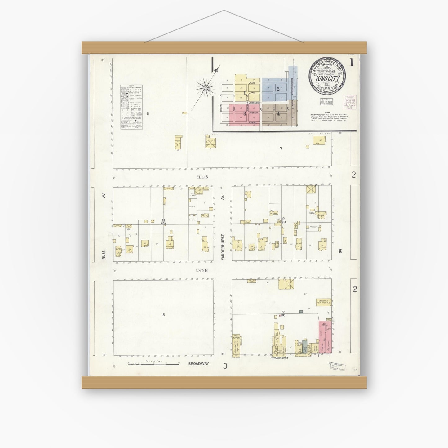 Old map wall art mockup — magnetic wood frame on white wall — Sanborn Fire Insurance Map from King City, Monterey County, California (1903) - Complete Map Set