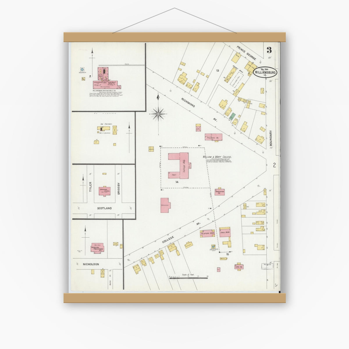 Old map wall art mockup — magnetic wood frame on white wall — Sanborn Fire Insurance Map from Williamsburg, Independent Cities, Virginia (1904), Sheet #0003