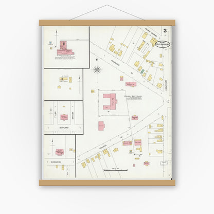 Old map wall art mockup — magnetic wood frame on white wall — Sanborn Fire Insurance Map from Williamsburg, Independent Cities, Virginia (1904), Sheet #0003