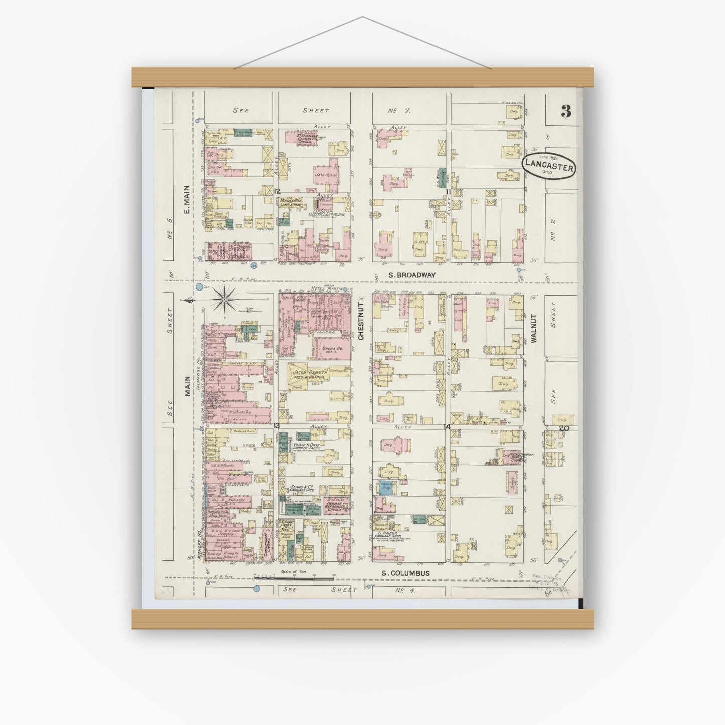 Old map wall art mockup — magnetic wood frame on white wall — Sanborn Fire Insurance Map from Lancaster, Fairfield County, Ohio (1889), Sheet #0003