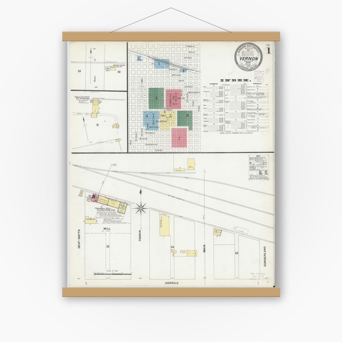 Old map wall art mockup — magnetic wood frame on white wall — Sanborn Fire Insurance Map from Vernon, Wilbarger County, Texas (1902), Sheet #0001