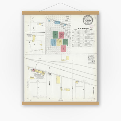 Old map wall art mockup — magnetic wood frame on white wall — Sanborn Fire Insurance Map from Vernon, Wilbarger County, Texas (1902), Sheet #0001