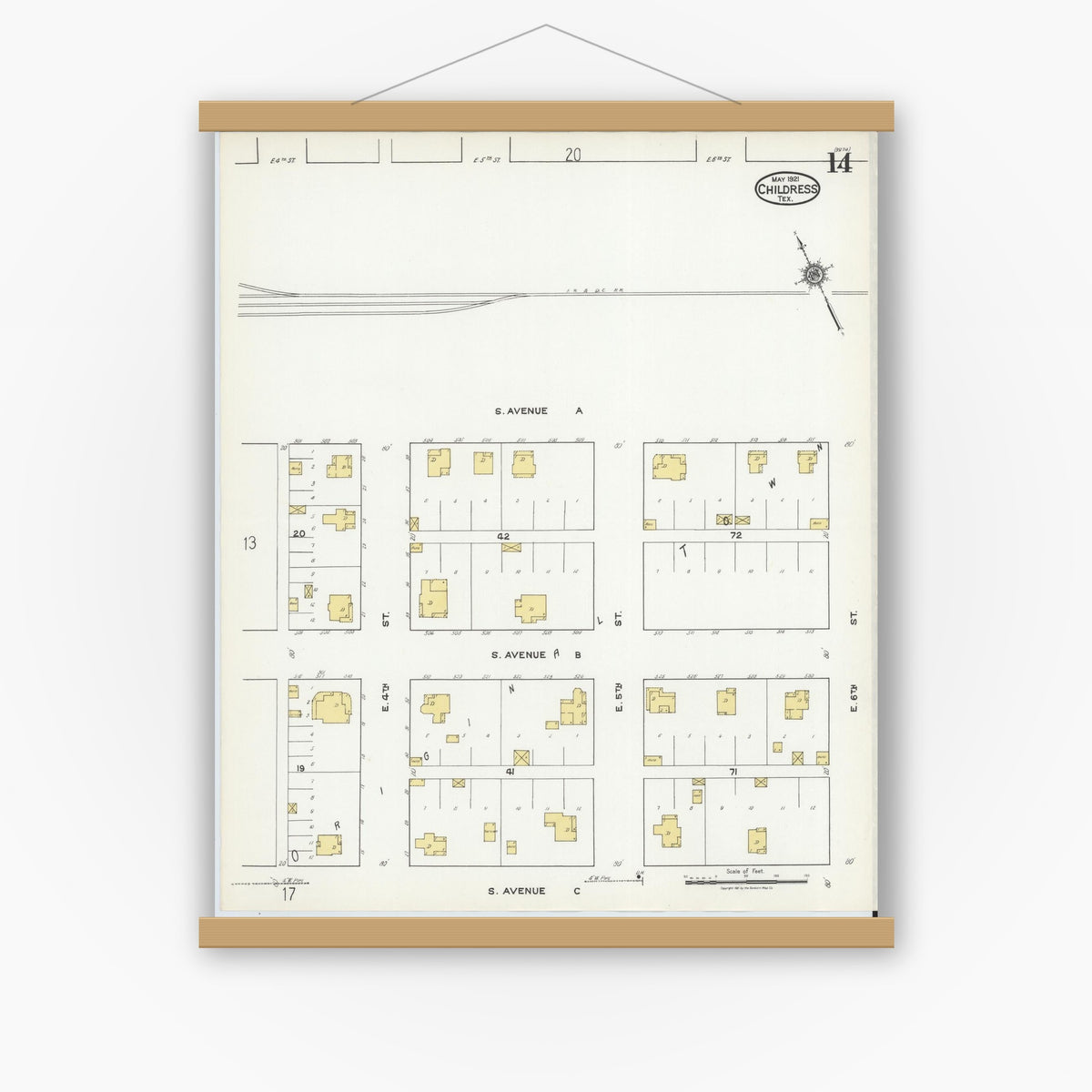 Old map wall art mockup — magnetic wood frame on white wall — Sanborn Fire Insurance Map from Childress, Childress County, Texas (1921), Sheet #0014