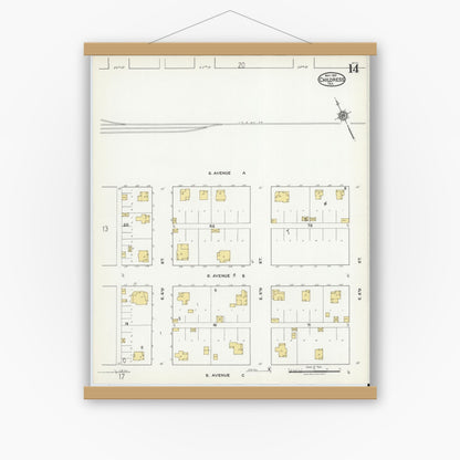 Old map wall art mockup — magnetic wood frame on white wall — Sanborn Fire Insurance Map from Childress, Childress County, Texas (1921), Sheet #0014