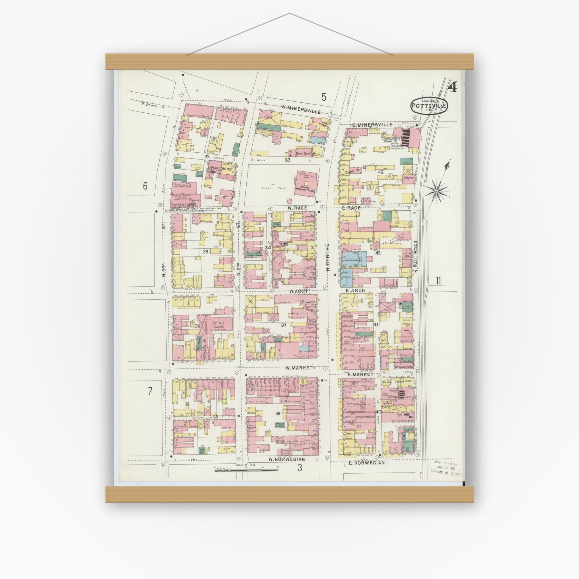 Old map wall art mockup — magnetic wood frame on white wall — Sanborn Fire Insurance Map from Pottsville, Schuylkill County, Pennsylvania (1895), Sheet #0004