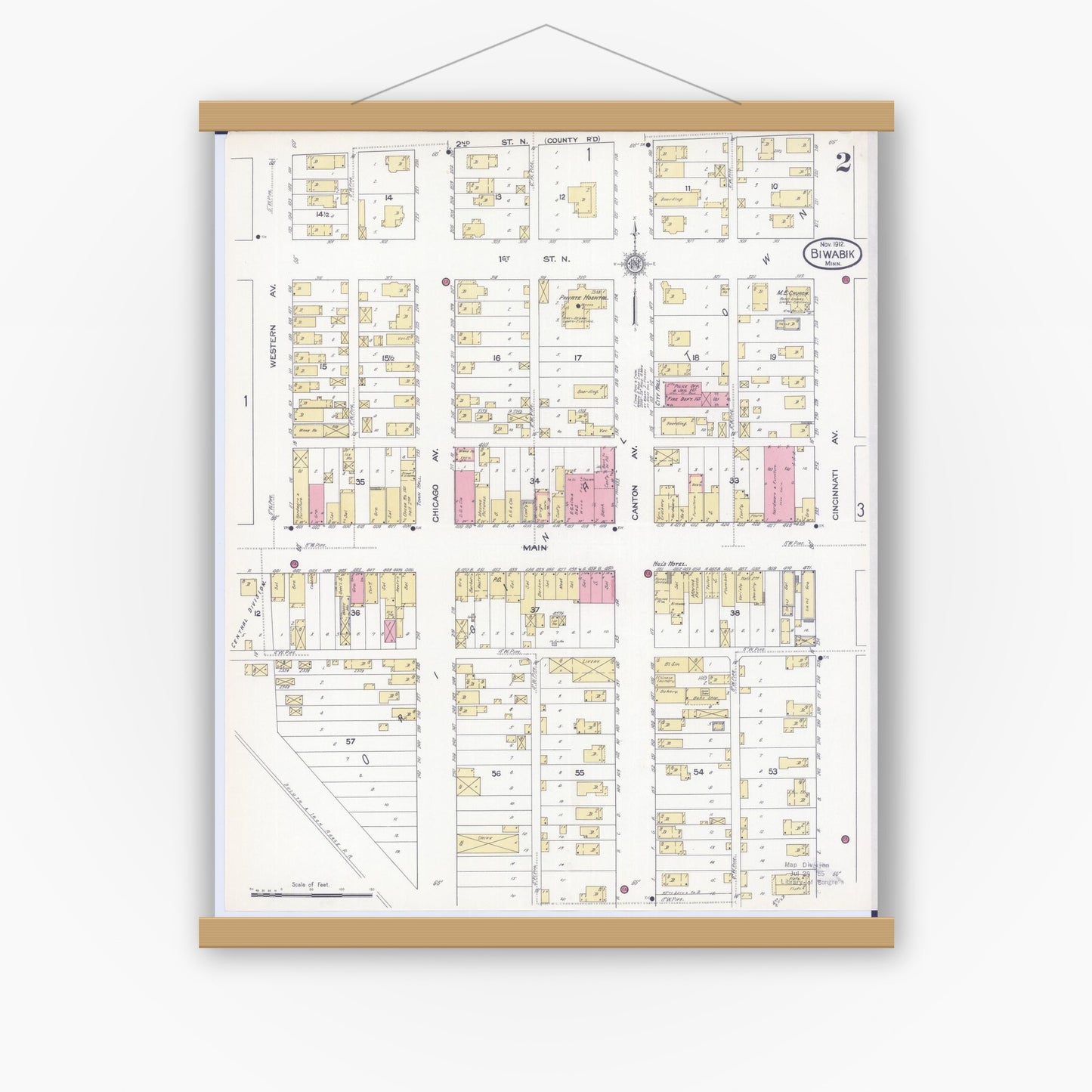 Old map wall art mockup — magnetic wood frame on white wall — Sanborn Fire Insurance Map from Biwabik, Saint Louis County, Minnesota (1912), Sheet #0002
