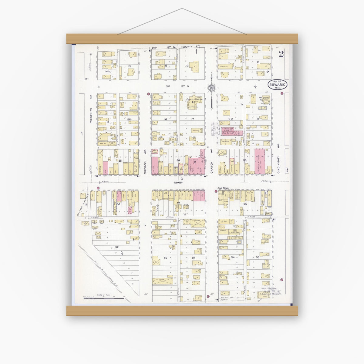 Old map wall art mockup — magnetic wood frame on white wall — Sanborn Fire Insurance Map from Biwabik, Saint Louis County, Minnesota (1912), Sheet #0002