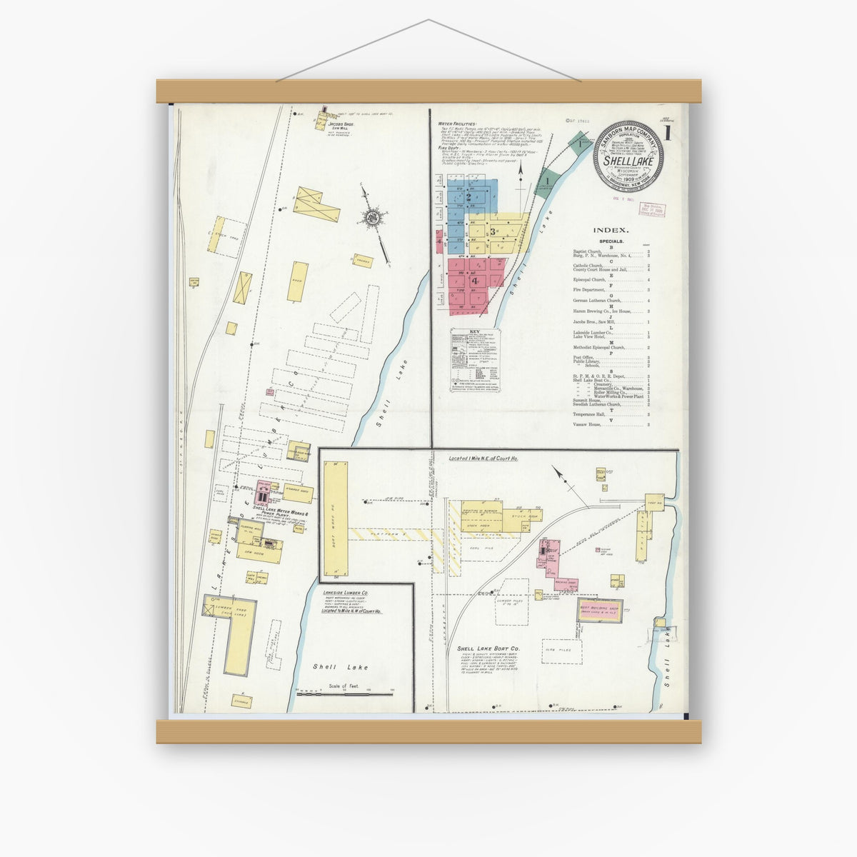Old map wall art mockup — magnetic wood frame on white wall — Sanborn Fire Insurance Map from Shell Lake, Washburn County, Wisconsin (1909) - Complete Map Set