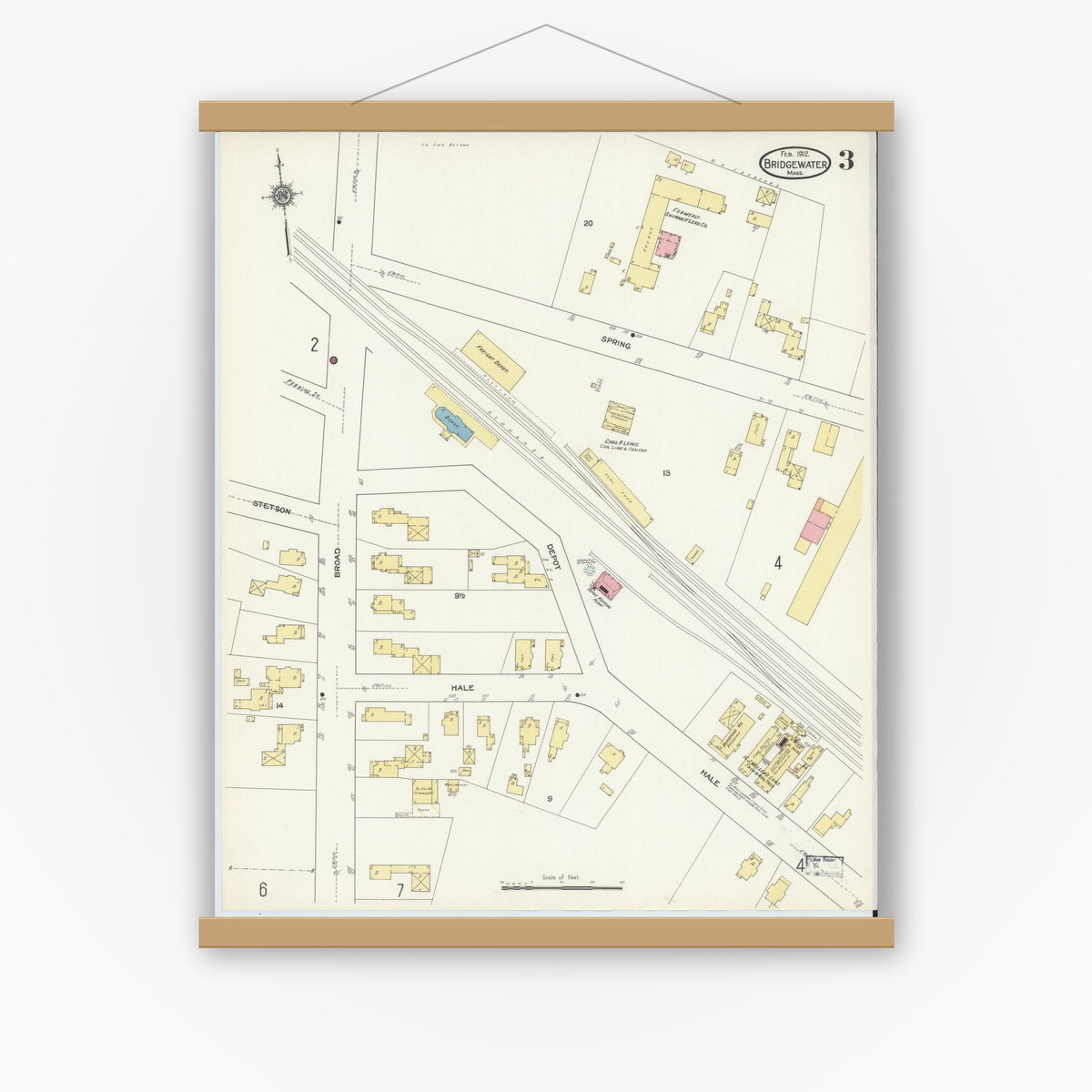 Old map wall art mockup — magnetic wood frame on white wall — Sanborn Fire Insurance Map from Bridgewater, Plymouth County, Massachusetts (1912), Sheet #0003