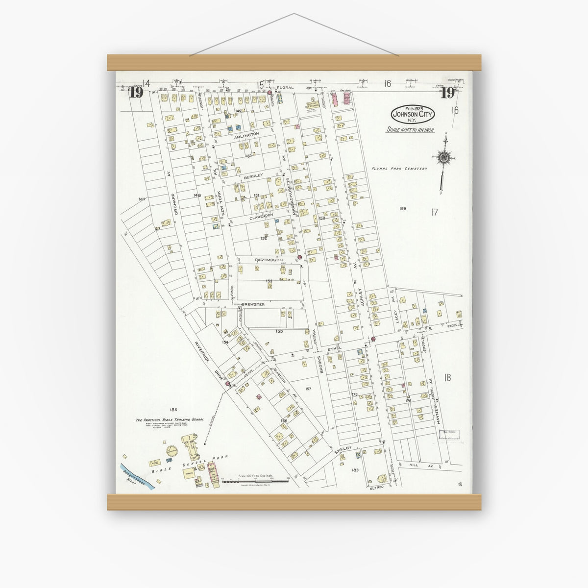 Old map wall art mockup — magnetic wood frame on white wall — Sanborn Fire Insurance Map from Johnson City, Broome County, New York (1925), Sheet #0019