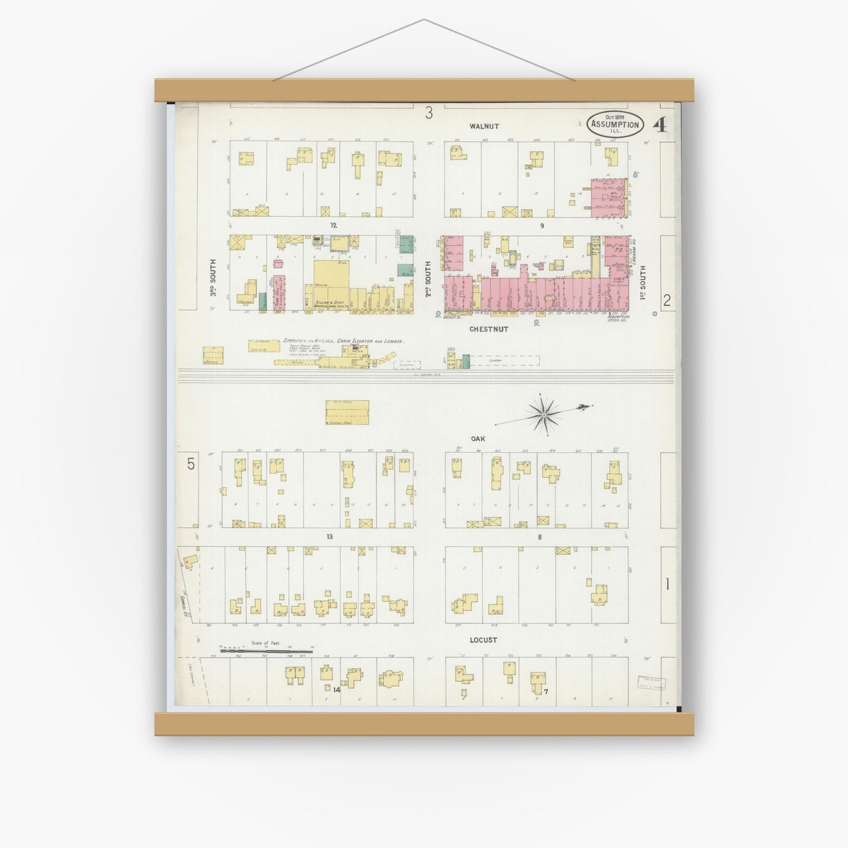 Old map wall art mockup — magnetic wood frame on white wall — Sanborn Fire Insurance Map from Assumption, Christian County, Illinois (1899), Sheet #0004