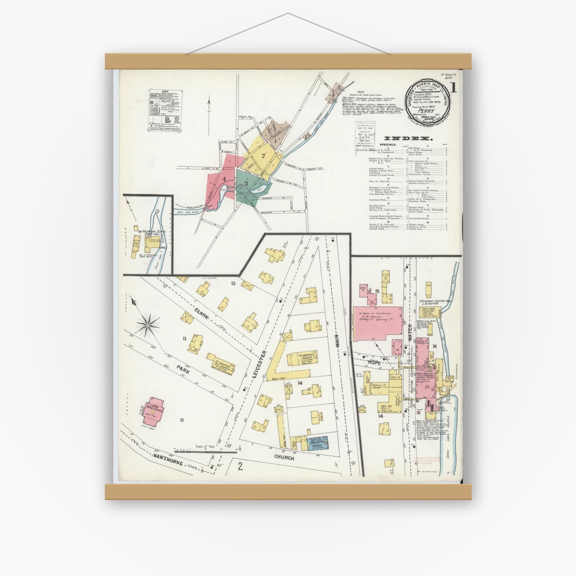 Old map wall art mockup — magnetic wood frame on white wall — Sanborn Fire Insurance Map from Perry, Wyoming County, New York (1900) - Complete Map Set