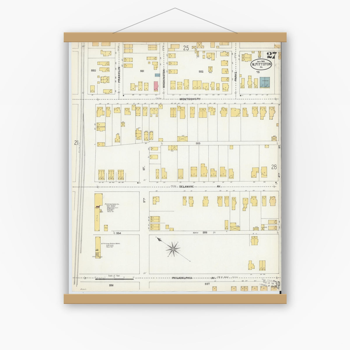 Old map wall art mockup — magnetic wood frame on white wall — Sanborn Fire Insurance Map from Pittston, Luzerne County, Pennsylvania (1903), Sheet #0027
