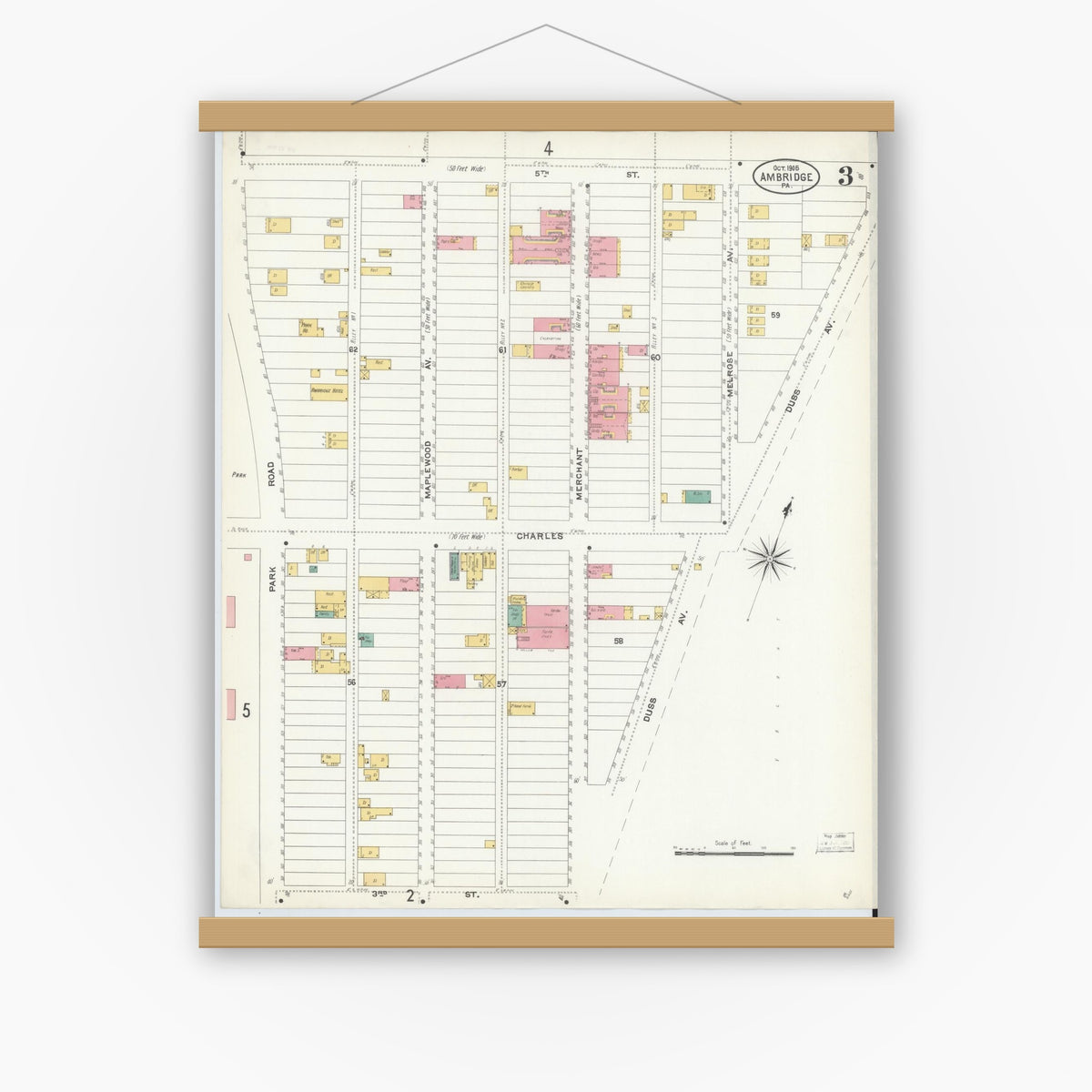 Old map wall art mockup — magnetic wood frame on white wall — Sanborn Fire Insurance Map from Ambridge, Beaver County, Pennsylvania (1905), Sheet #0003