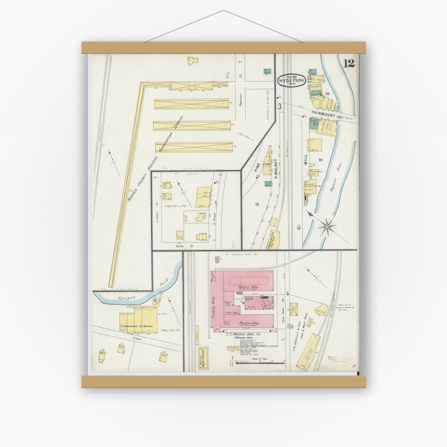 Old map wall art mockup — magnetic wood frame on white wall — Sanborn Fire Insurance Map from Hyde Park, Norfolk County, Massachusetts (1896), Sheet #0012