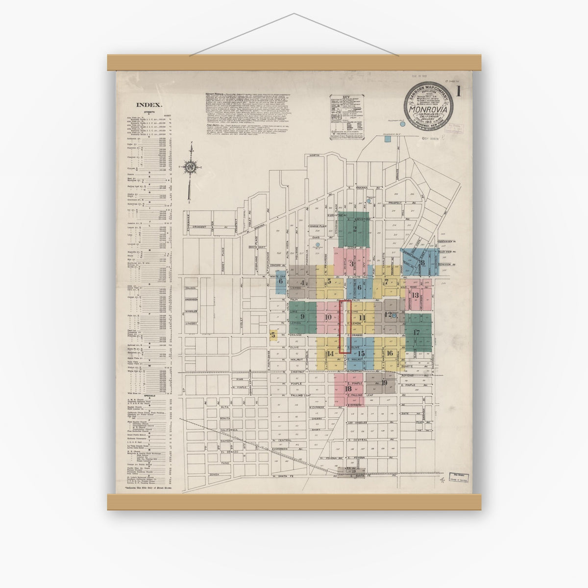 Old map wall art mockup — magnetic wood frame on white wall — Sanborn Fire Insurance Map from Monrovia, Los Angeles County, California (1913) - Complete Map Set