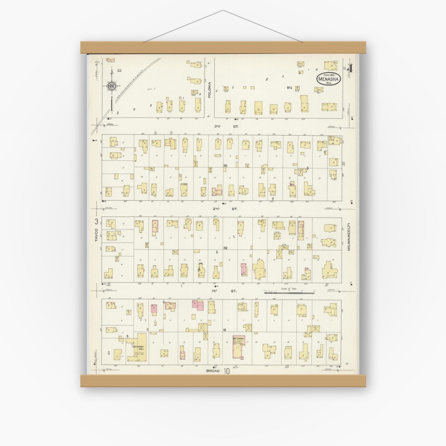 Old map wall art mockup — magnetic wood frame on white wall — Sanborn Fire Insurance Map from Menasha, Winnebago County, Wisconsin (1913), Sheet #0004