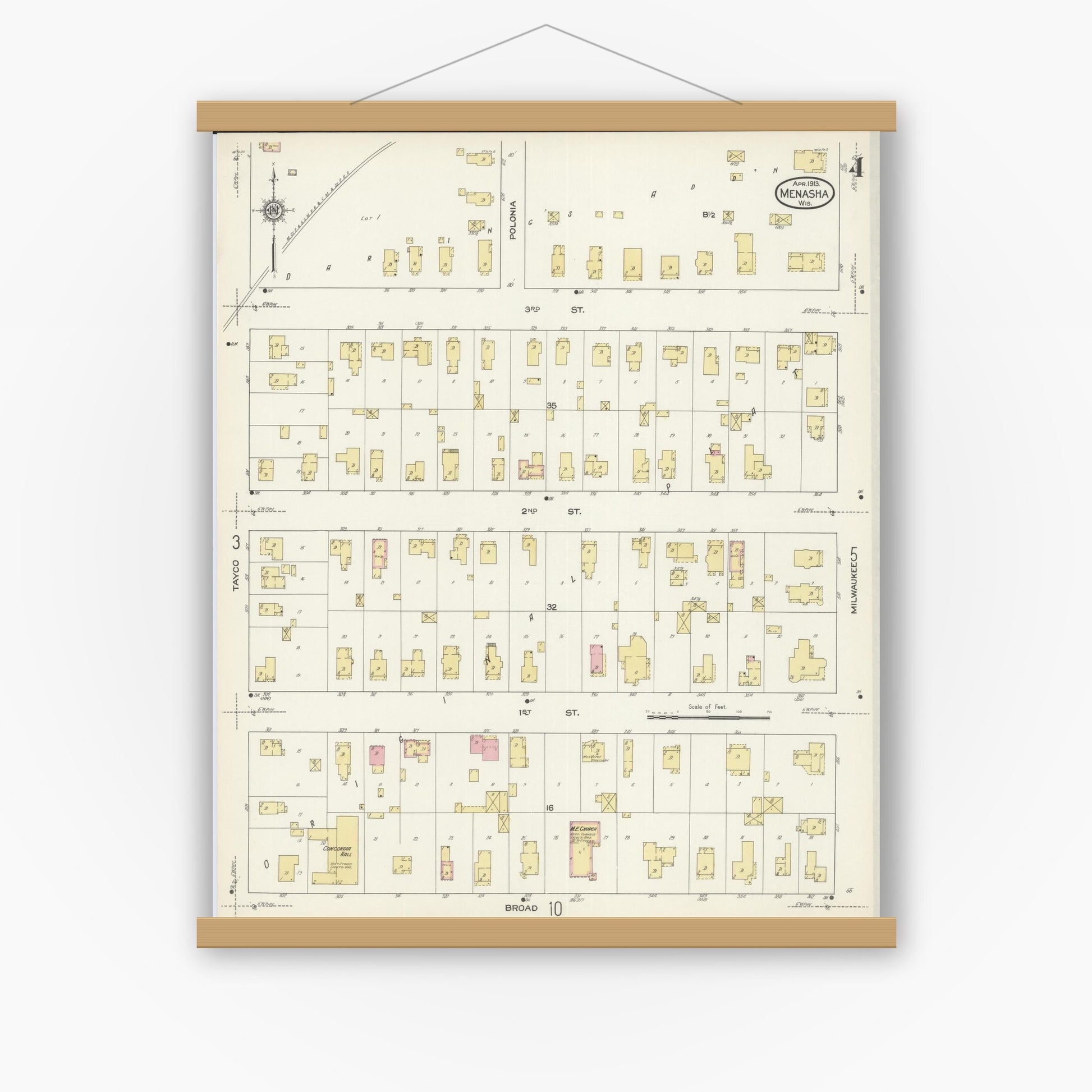 Old map wall art mockup — magnetic wood frame on white wall — Sanborn Fire Insurance Map from Menasha, Winnebago County, Wisconsin (1913), Sheet #0004