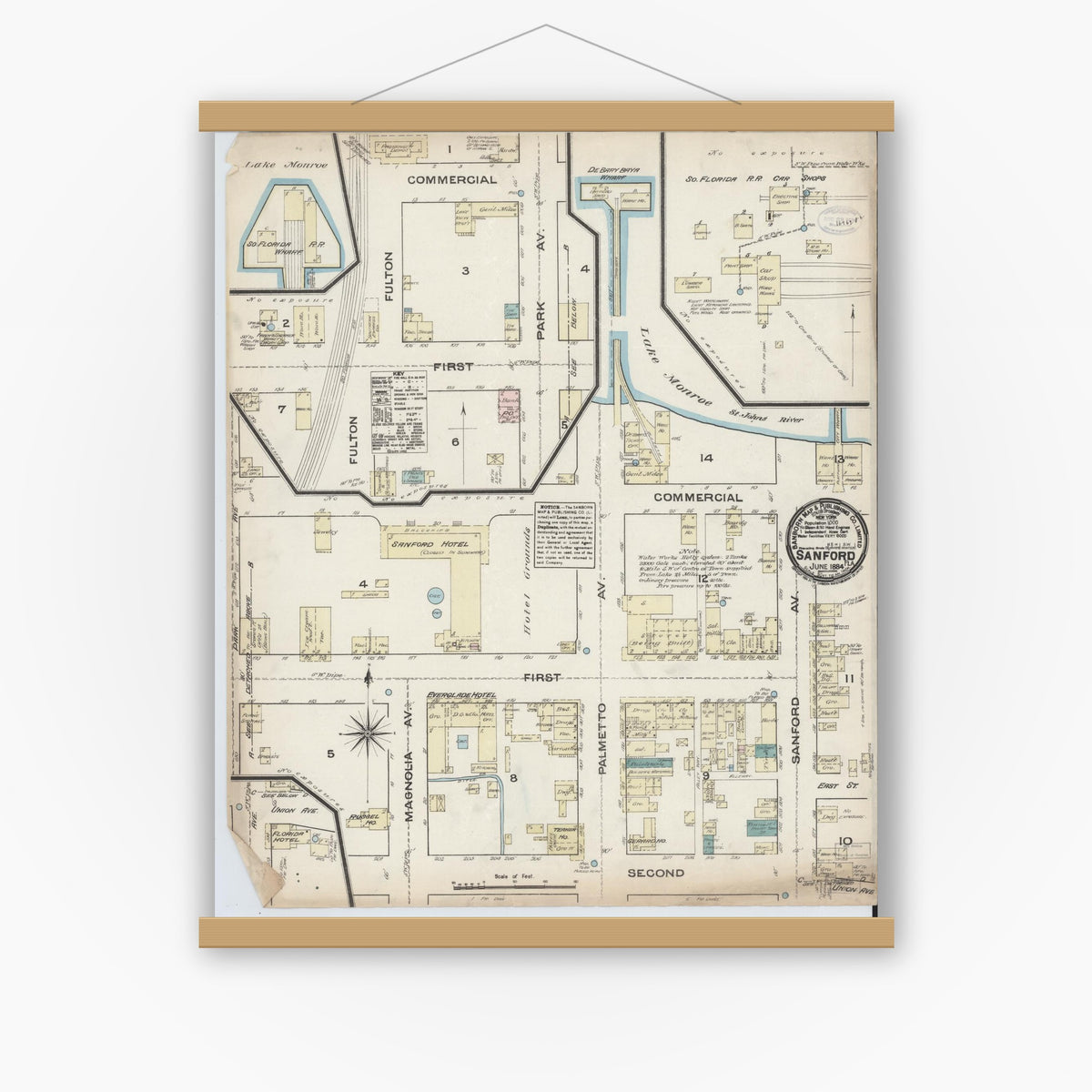 Old map wall art mockup — magnetic wood frame on white wall — Sanborn Fire Insurance Map from Sanford, Seminole County, Florida (1884), Sheet #0001