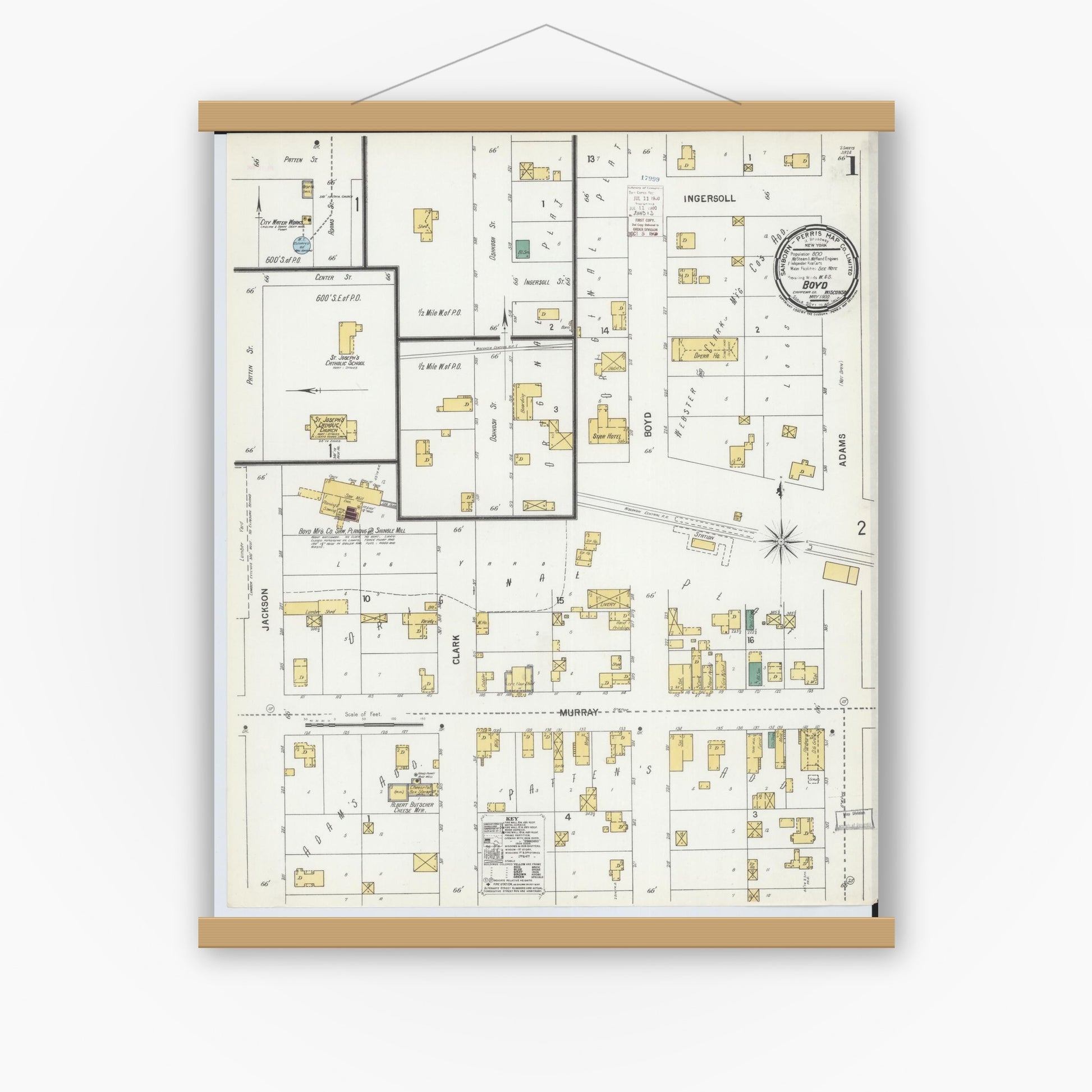 Old map wall art mockup — magnetic wood frame on white wall — Sanborn Fire Insurance Map from Boyd, Chippewa County, Wisconsin (1900) - Complete Map Set