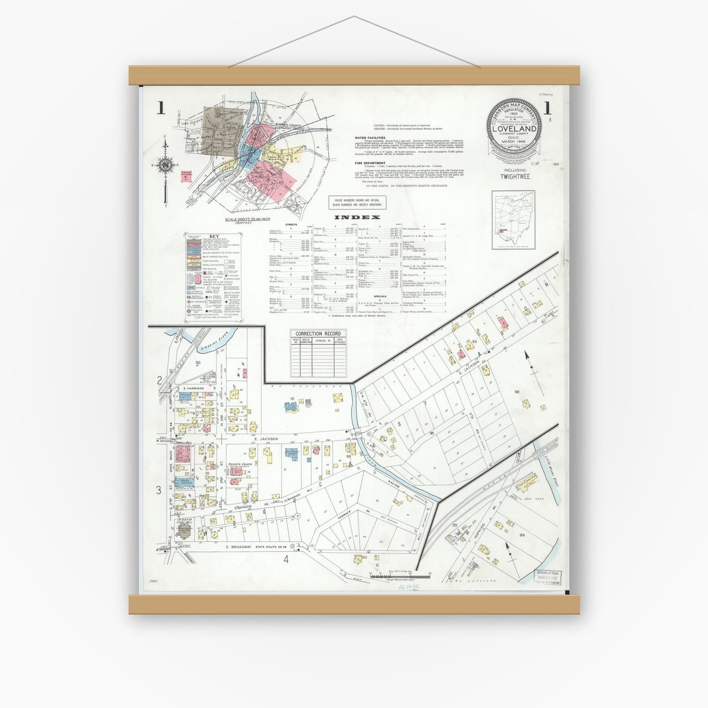 Old map wall art mockup — magnetic wood frame on white wall — Sanborn Fire Insurance Map from Loveland, Clermont, Hamilton, And Warren County, Ohio (1946) - Complete Map Set