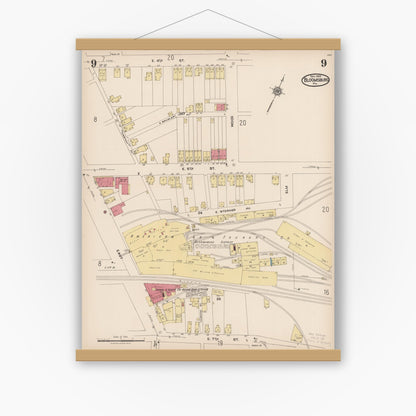 Old map wall art mockup — magnetic wood frame on white wall — Sanborn Fire Insurance Map from Bloomsburg, Columbia County, Pennsylvania (1922), Sheet #0009