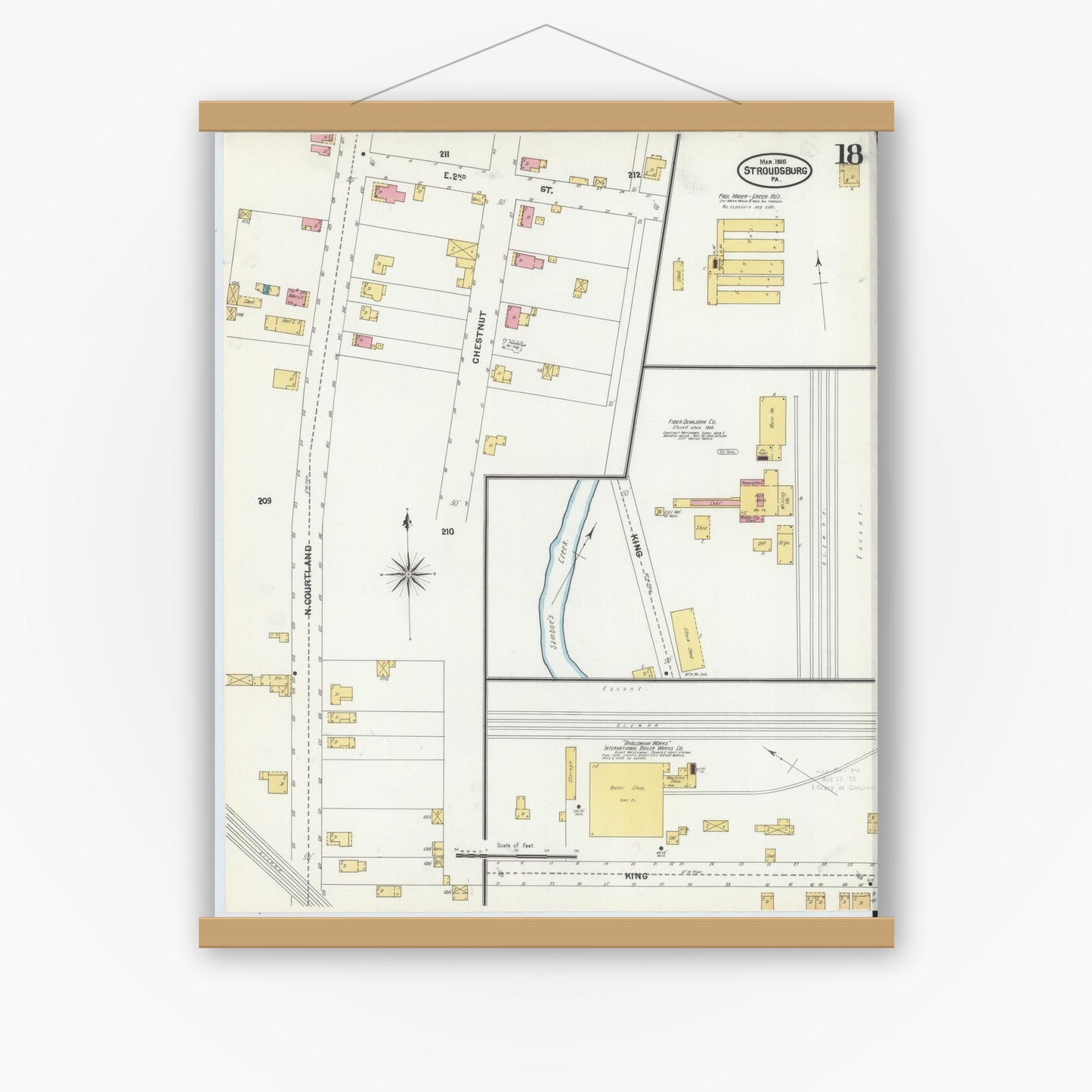 Old map wall art mockup — magnetic wood frame on white wall — Sanborn Fire Insurance Map from Stroudsburg, Monroe County, Pennsylvania (1905), Sheet #0018