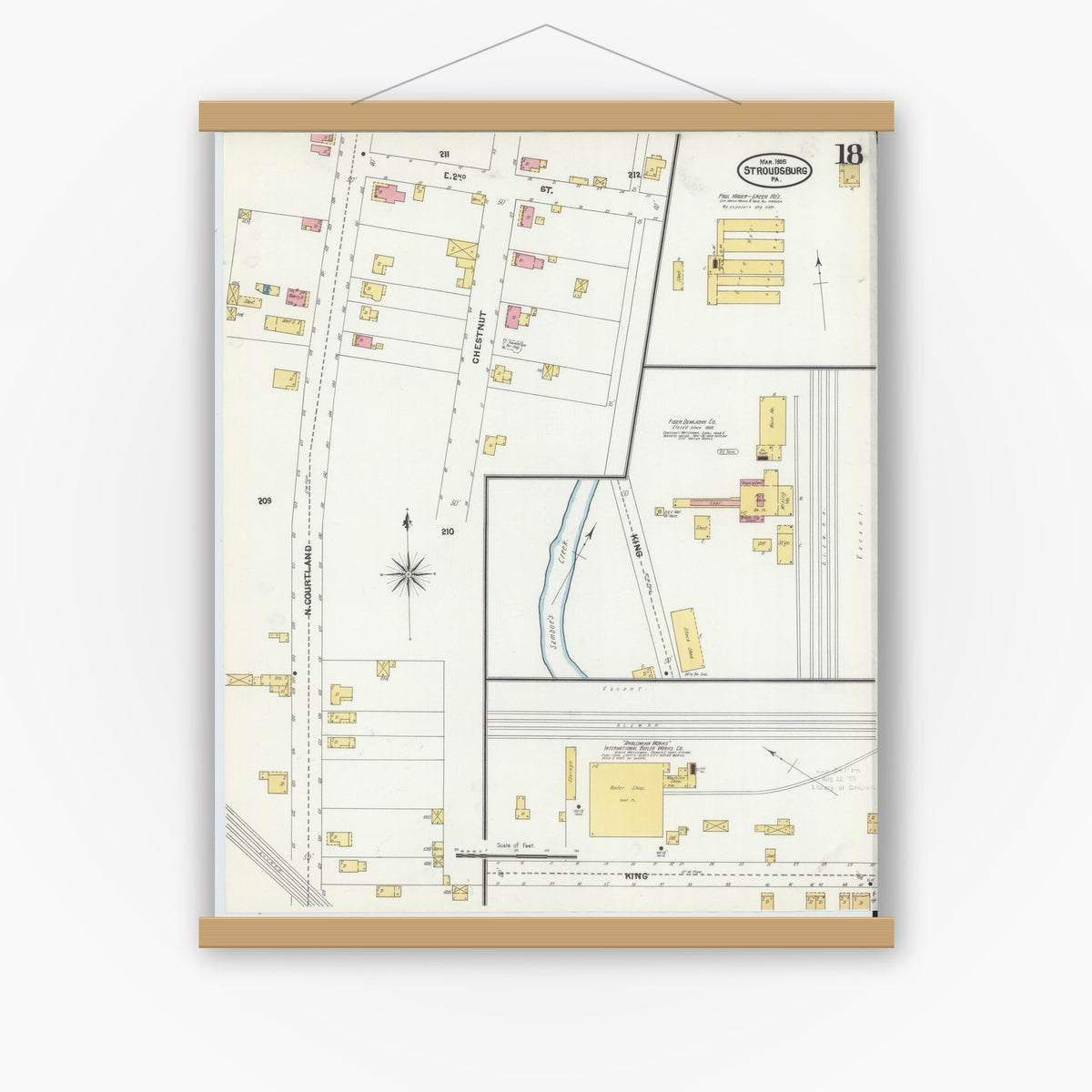 Old map wall art mockup — magnetic wood frame on white wall — Sanborn Fire Insurance Map from Stroudsburg, Monroe County, Pennsylvania (1905), Sheet #0018