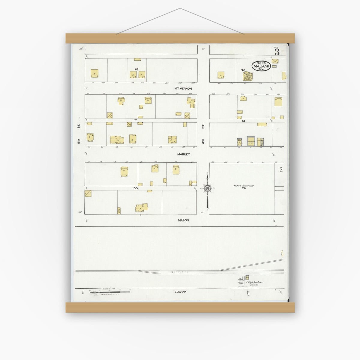 Old map wall art mockup — magnetic wood frame on white wall — Sanborn Fire Insurance Map from Mabank, Kaufman County, Texas (1921), Sheet #0003