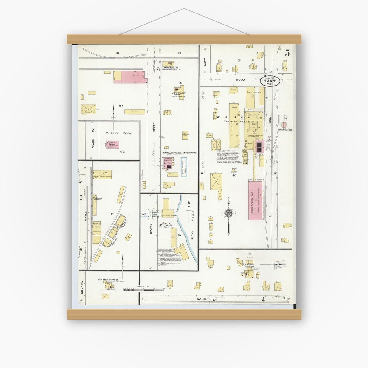 Old map wall art mockup — magnetic wood frame on white wall — Sanborn Fire Insurance Map from Hart, Oceana County, Michigan (1910), Sheet #0005