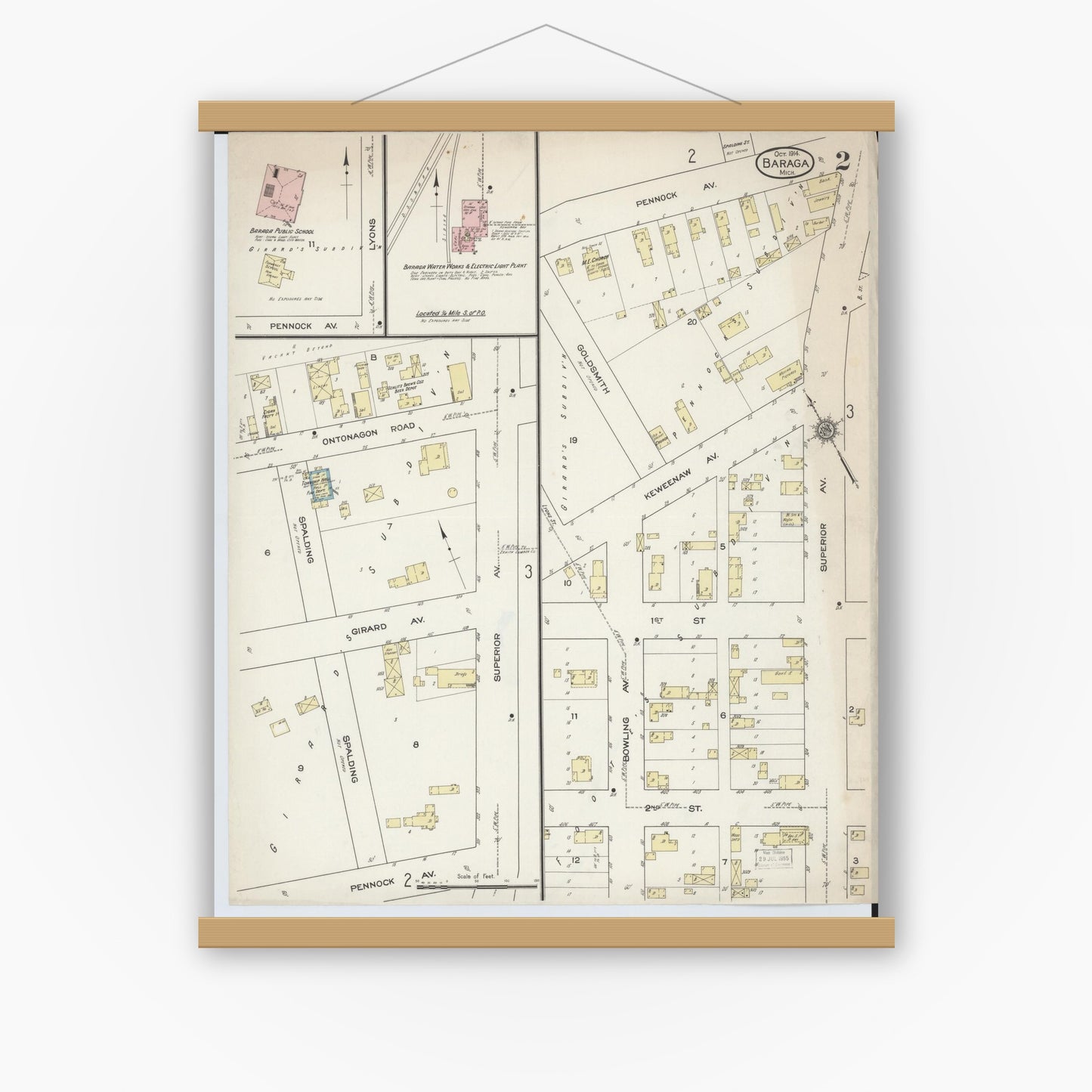 Old map wall art mockup — magnetic wood frame on white wall — Sanborn Fire Insurance Map from Baraga, Baraga County, Michigan (1914), Sheet #0002