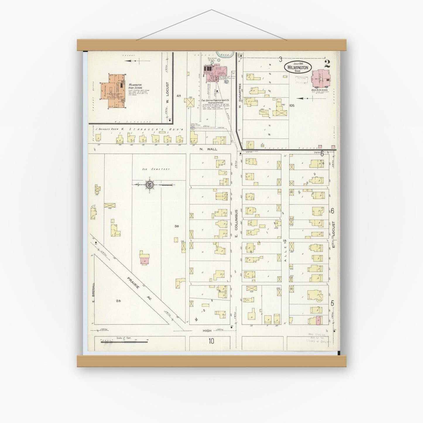 Old map wall art mockup — magnetic wood frame on white wall — Sanborn Fire Insurance Map from Wilmington, Clinton County, Ohio (1914), Sheet #0002
