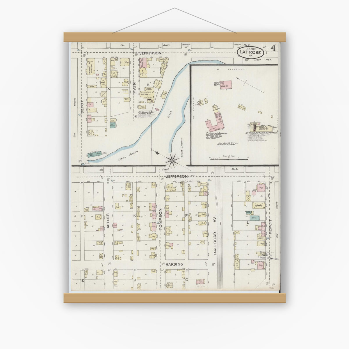 Old map wall art mockup — magnetic wood frame on white wall — Sanborn Fire Insurance Map from Latrobe, Westmoreland County, Pennsylvania (1887), Sheet #0004