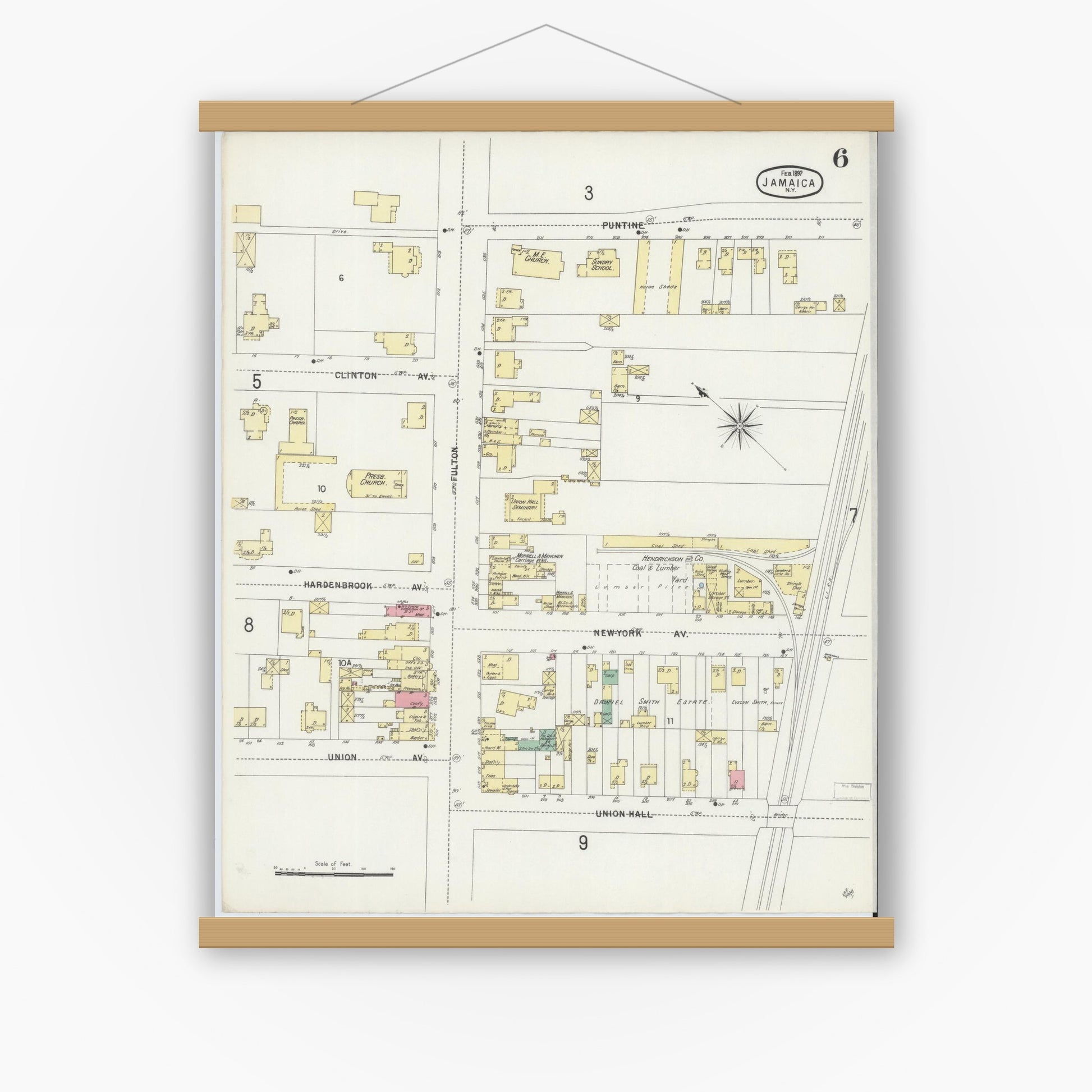 Old map wall art mockup — magnetic wood frame on white wall — Sanborn Fire Insurance Map from Jamaica, Queens County, New York (1897), Sheet #0006