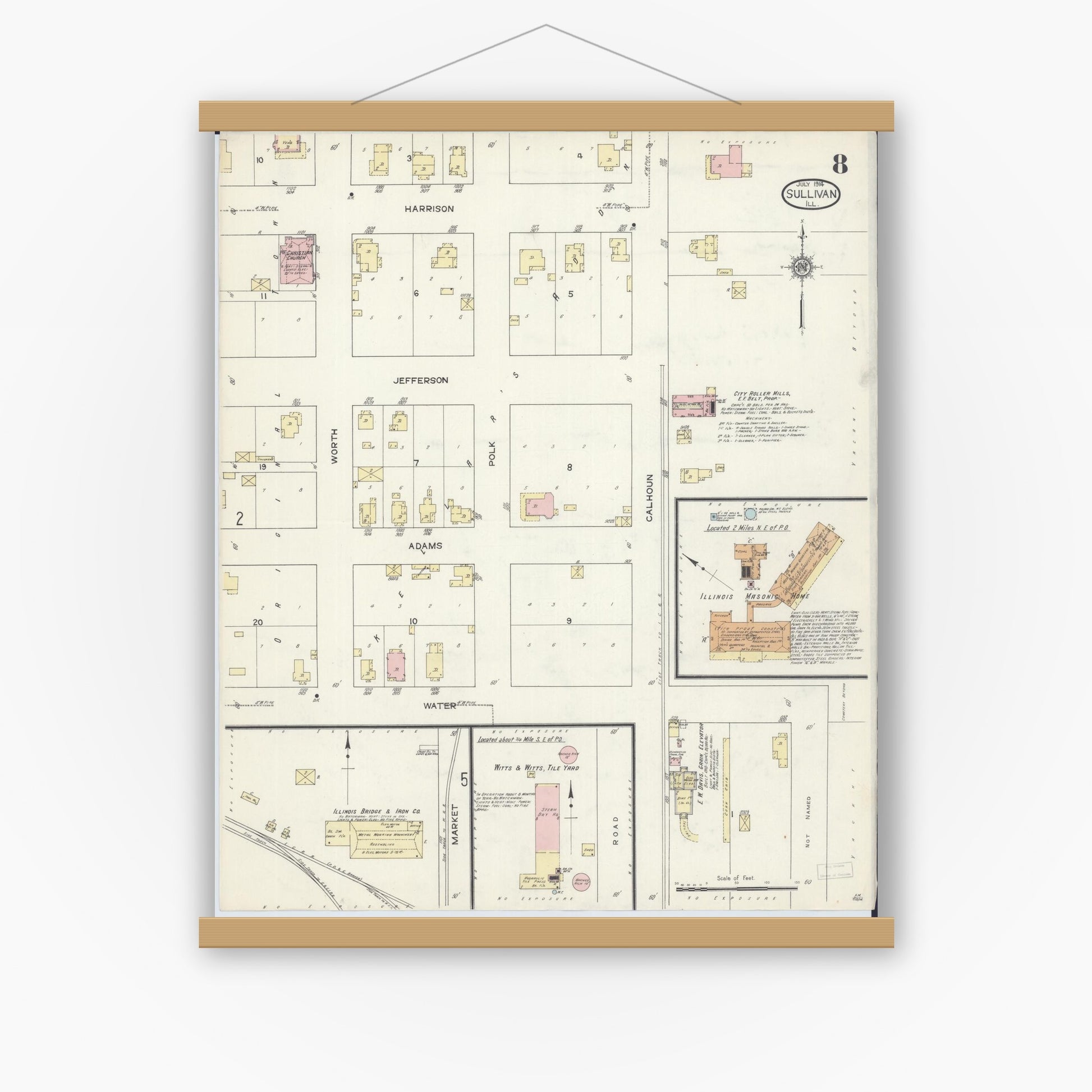 Old map wall art mockup — magnetic wood frame on white wall — Sanborn Fire Insurance Map from Sullivan, Moultrie County, Illinois (1914), Sheet #0008