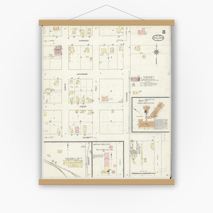 Old map wall art mockup — magnetic wood frame on white wall — Sanborn Fire Insurance Map from Sullivan, Moultrie County, Illinois (1914), Sheet #0008