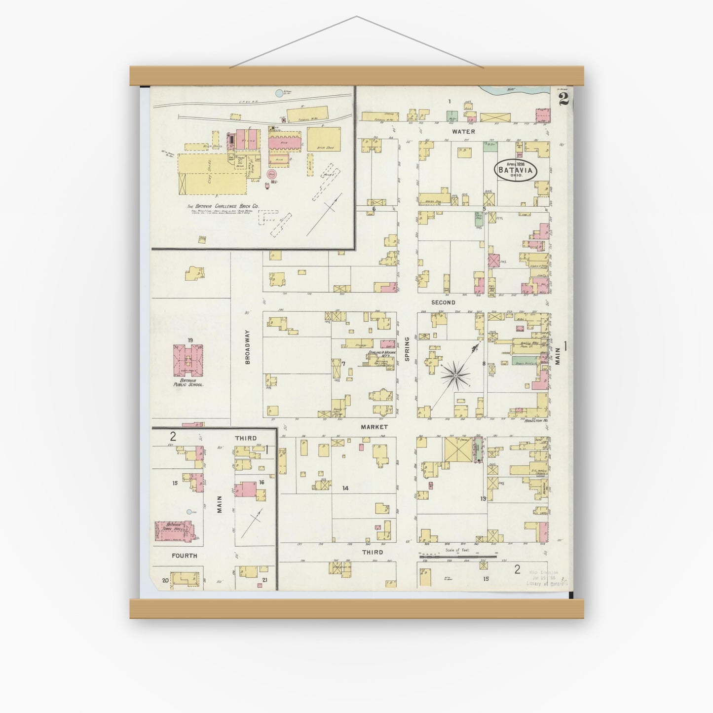 Old map wall art mockup — magnetic wood frame on white wall — Sanborn Fire Insurance Map from Batavia, Clermont County, Ohio (1898), Sheet #0002