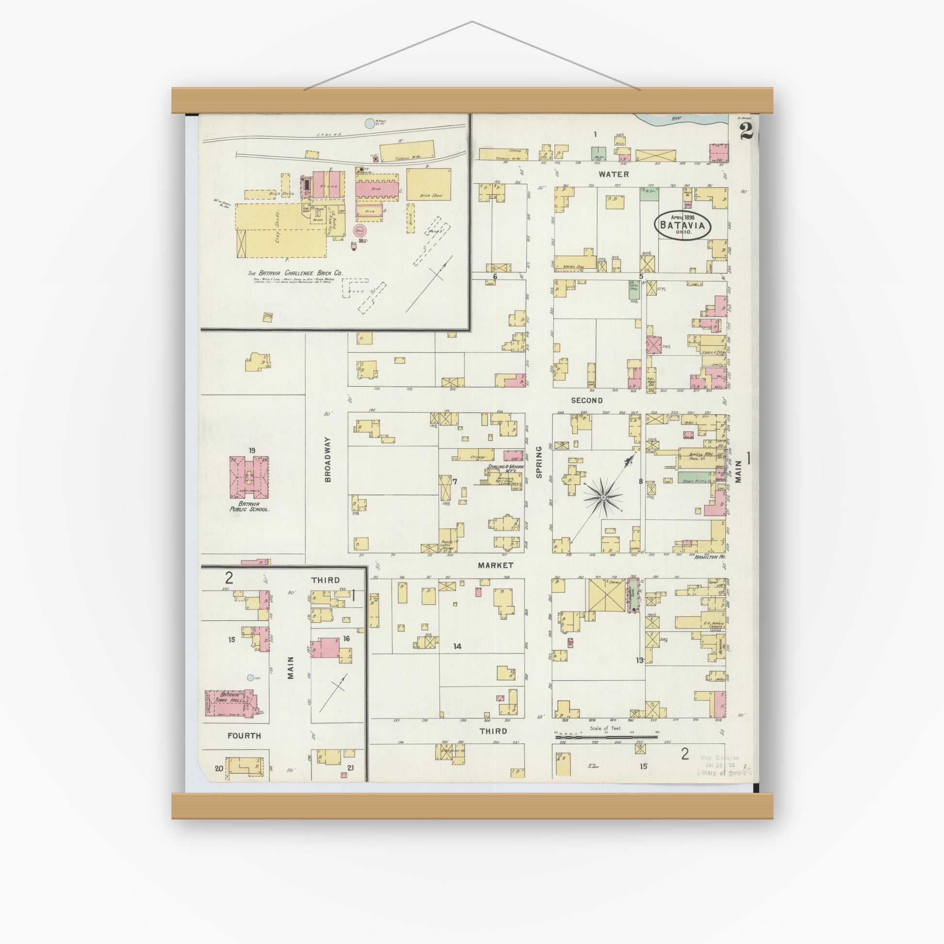 Old map wall art mockup — magnetic wood frame on white wall — Sanborn Fire Insurance Map from Batavia, Clermont County, Ohio (1898), Sheet #0002