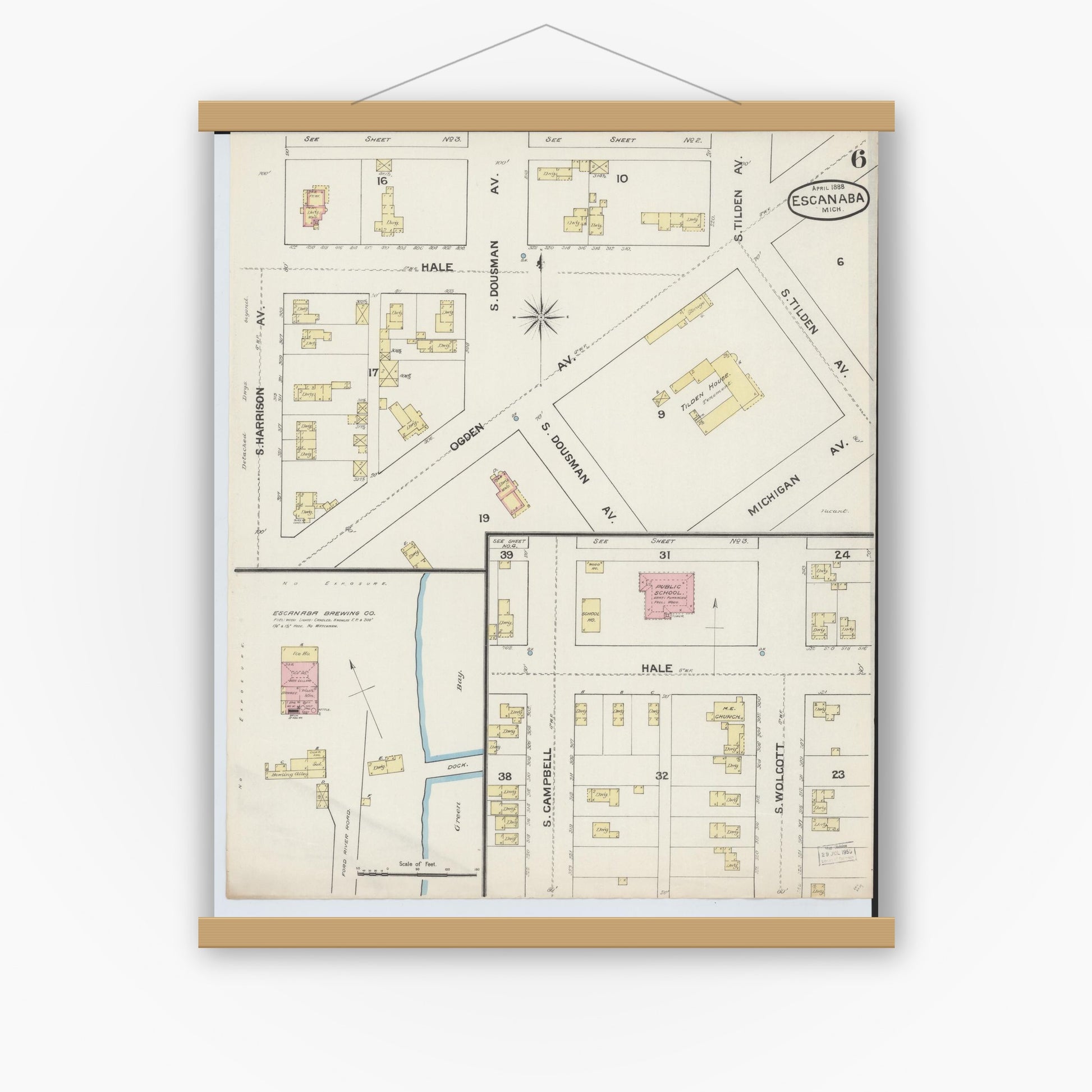 Old map wall art mockup — magnetic wood frame on white wall — Sanborn Fire Insurance Map from Escanaba, Delta County, Michigan (1888), Sheet #0006