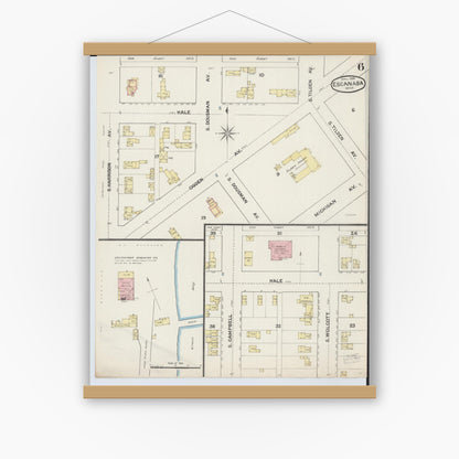 Old map wall art mockup — magnetic wood frame on white wall — Sanborn Fire Insurance Map from Escanaba, Delta County, Michigan (1888), Sheet #0006