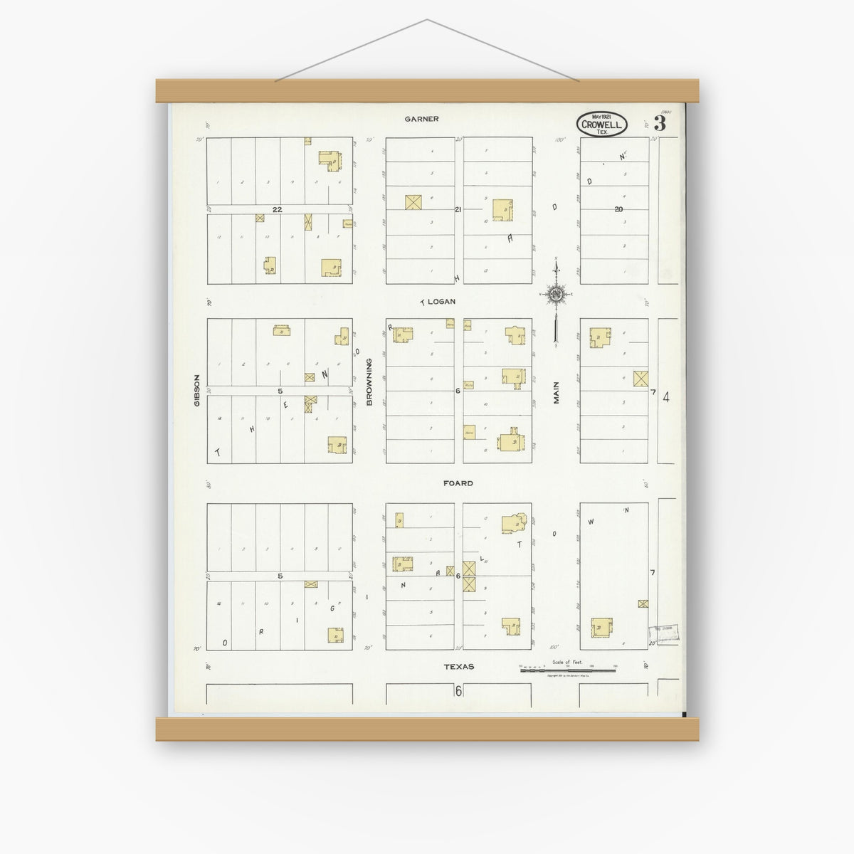 Old map wall art mockup — magnetic wood frame on white wall — Sanborn Fire Insurance Map from Crowell, Foard County, Texas (1921), Sheet #0003