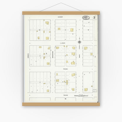 Old map wall art mockup — magnetic wood frame on white wall — Sanborn Fire Insurance Map from Crowell, Foard County, Texas (1921), Sheet #0003