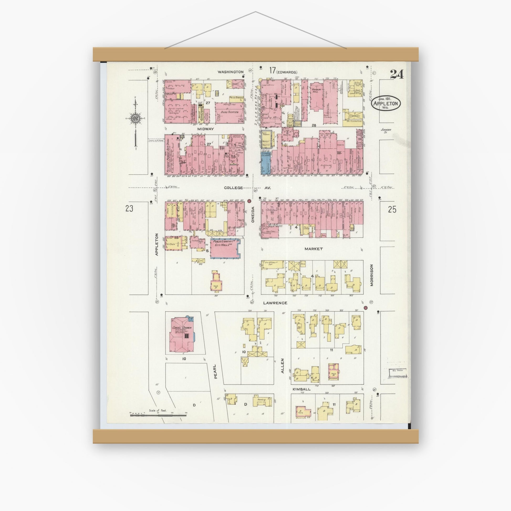 Old map wall art mockup — magnetic wood frame on white wall — Sanborn Fire Insurance Map from Appleton, Outagamie County, Wisconsin (1911), Sheet #0024